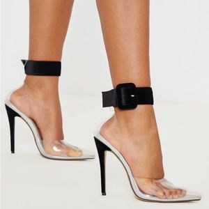 PLT BLACK VELVET BUCKLE CLEAR HEELS